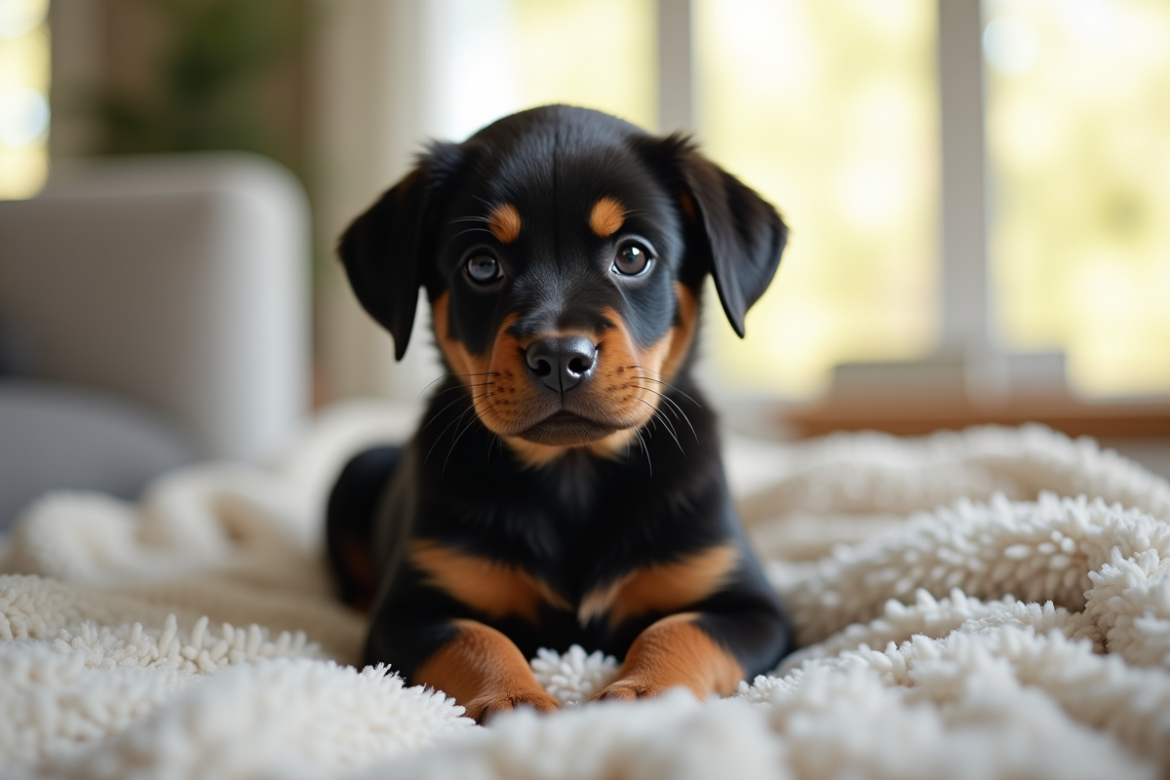 Jeune chiot rottweiler assis sur un coussin lumineux