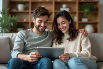 Deux jeunes adultes souriants regardant une tablette dans un salon chaleureux