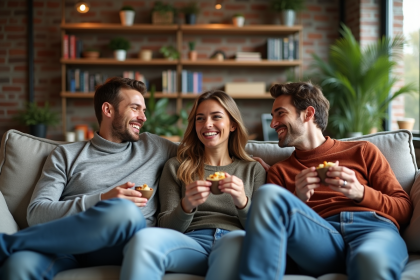 Trois jeunes adultes riant sur un canapé moderne dans un appartement urbain