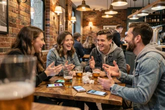 Groupe de jeunes adultes dans un café parisien débattant des plans de soirée avec leurs smartphones affichant des abréviations de messagerie