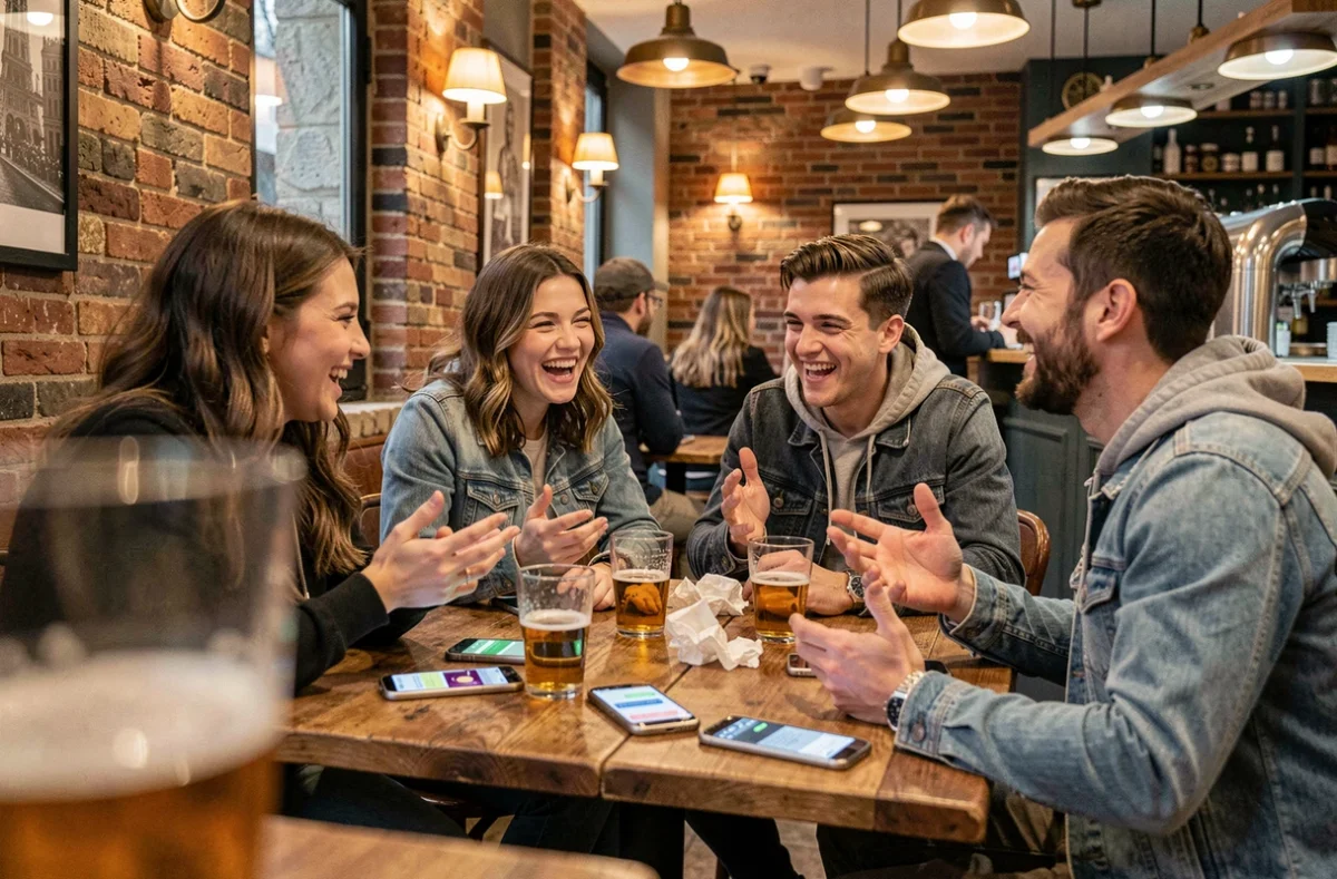 Groupe de jeunes adultes dans un café parisien débattant des plans de soirée avec leurs smartphones affichant des abréviations de messagerie