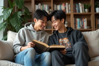 Deux jeunes hommes lisant un manga dans un salon cosy