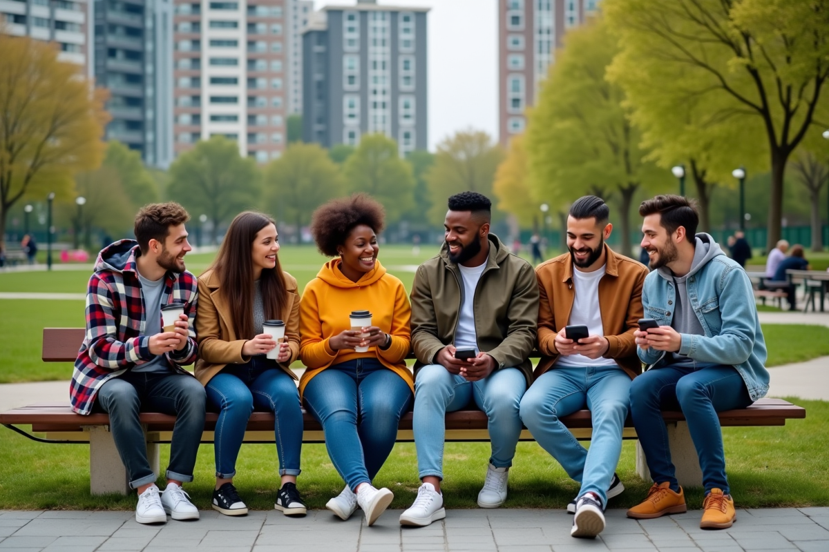Jeunes adultes discutant dans un parc urbain moderne