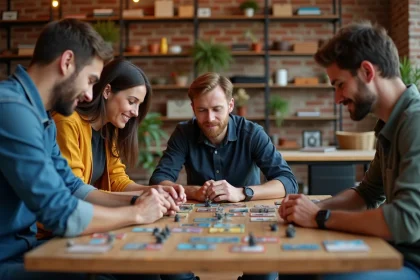Trois adultes jouent à un jeu de société dans une salle chaleureuse
