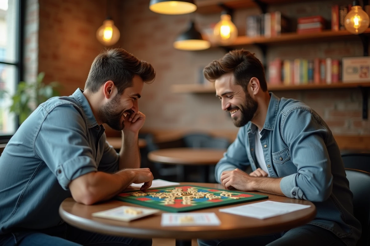 Deux joueurs adultes s'affrontent au Scrabble dans un café de jeux, studiant les anagrammes sur un plateau complet