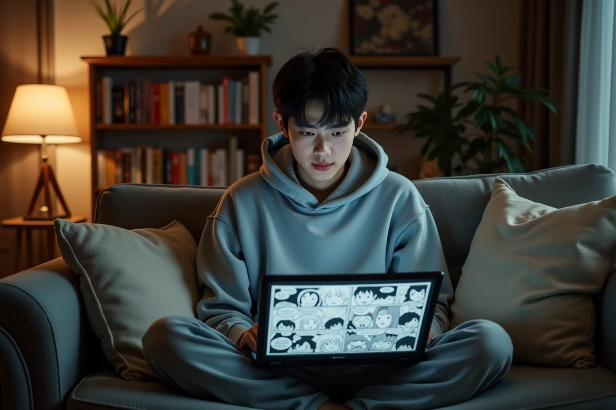 Jeune homme lisant des scans manga en VF sur un ordinateur portable dans un appartement cosy