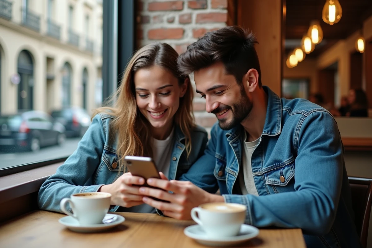 Deux jeunes adultes consultant un site de scan manga en VF sur smartphone dans un café parisien