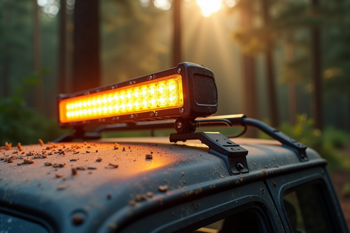Barre de LED éclairée sur 4x4 au matin avec reflet métallique