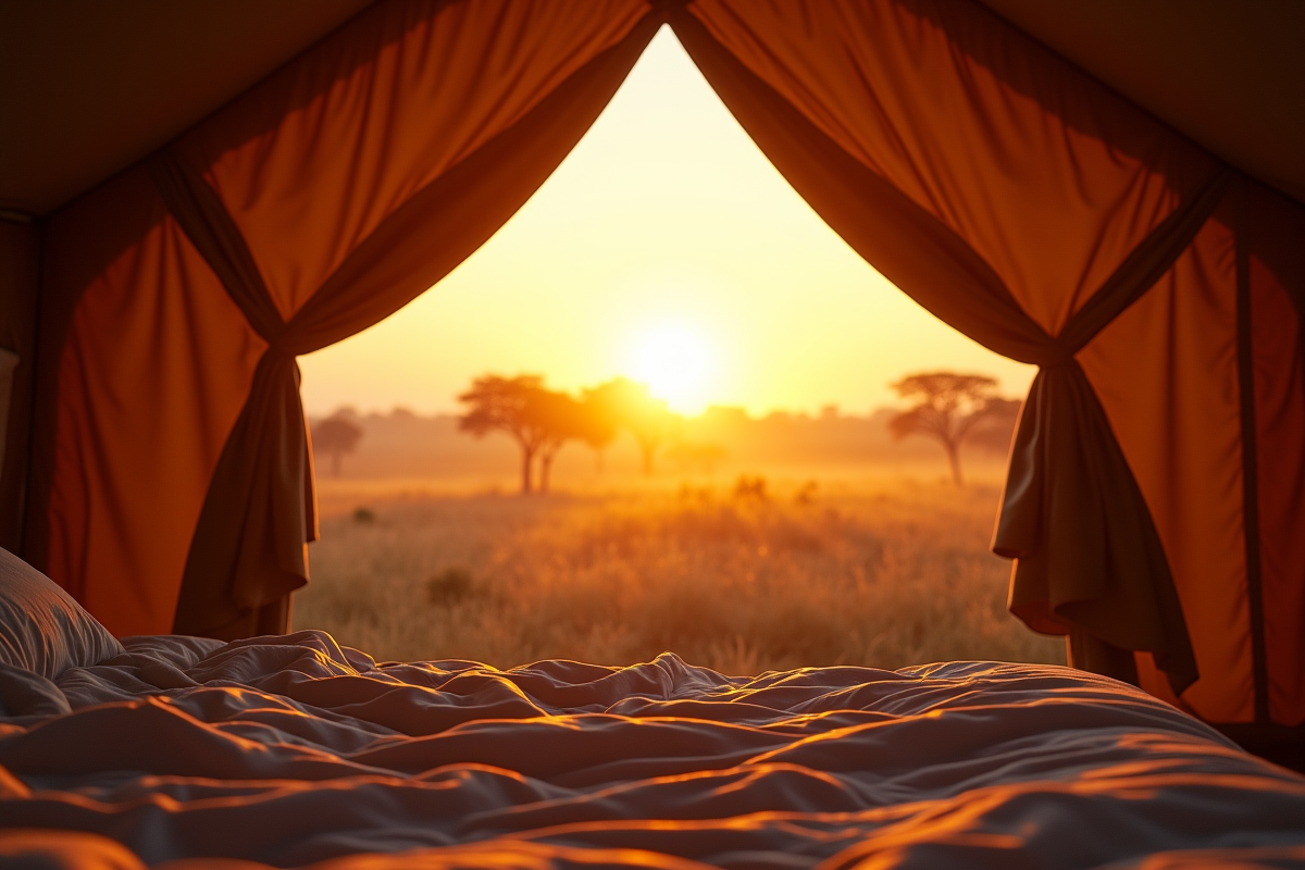 Lever de soleil dans une tente de safari en Tanzanie