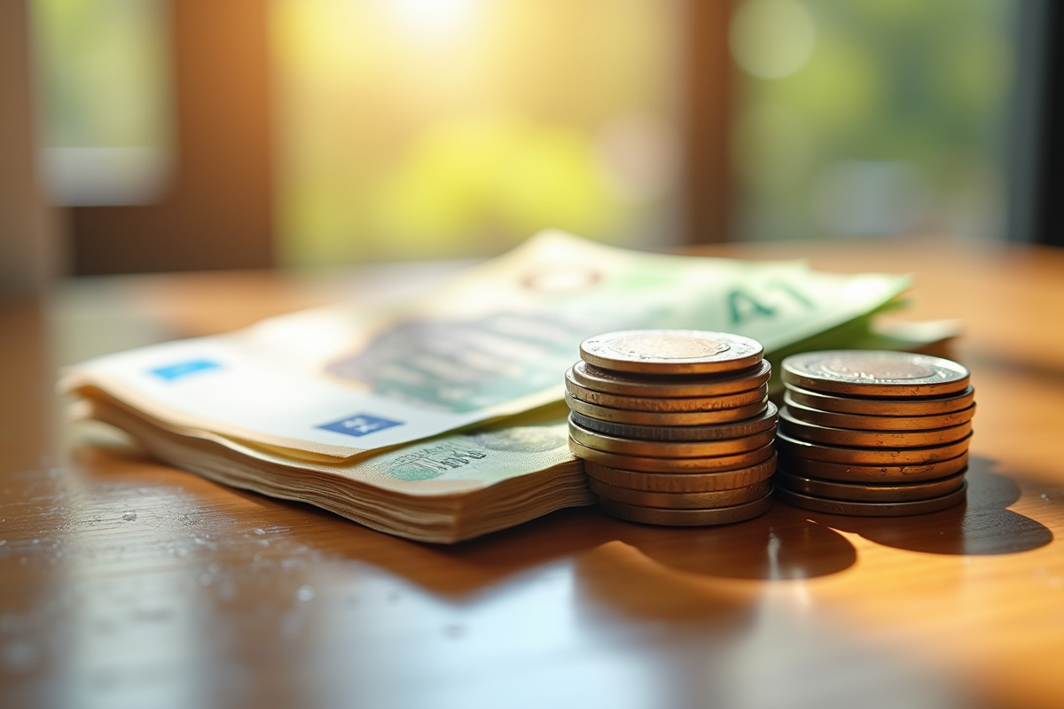 Liasses de billets et pièces d euro sur une table en bois