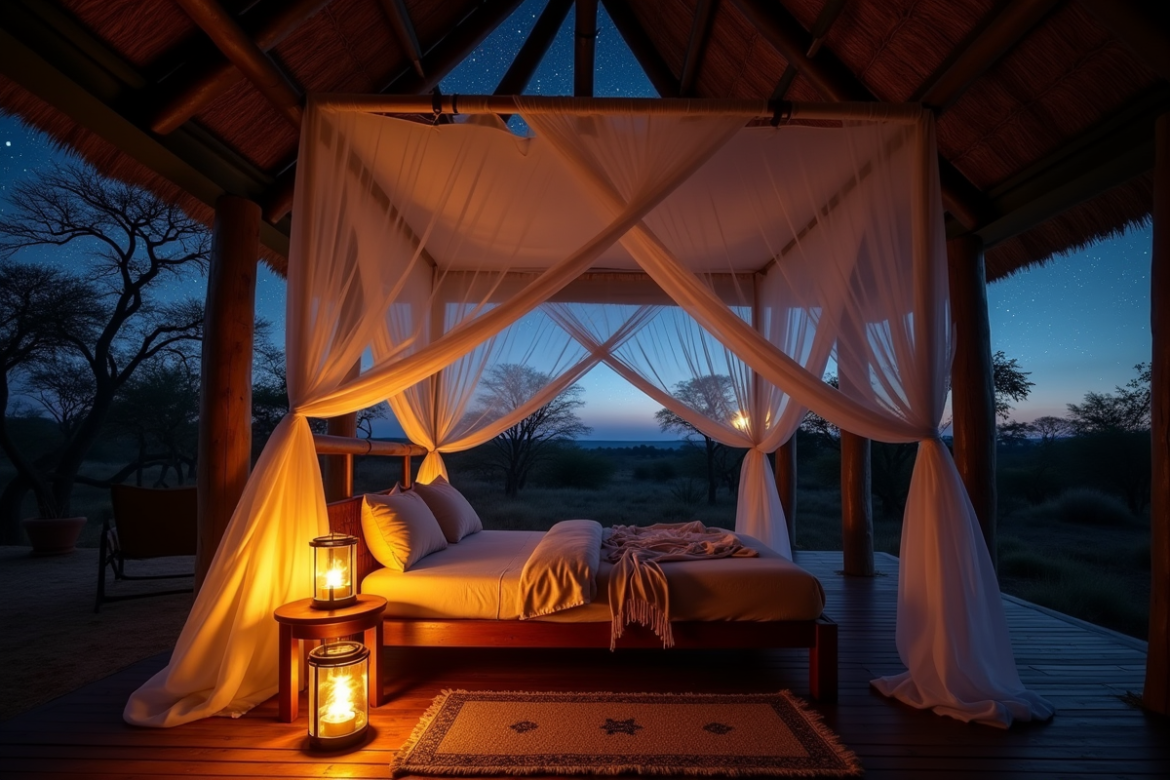 Suite de lodge de luxe en plein air la nuit en Tanzanie