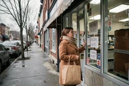 Femme devant un petit commerce ouvert le 1er janvier cherchant un magasin ouvert après les fêtes