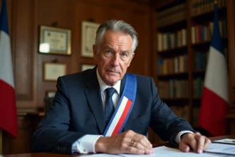Maire en costume avec écharpe tricolore consultant des documents budgétaires dans son bureau municipal
