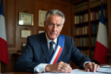 Maire en costume avec écharpe tricolore consultant des documents budgétaires dans son bureau municipal