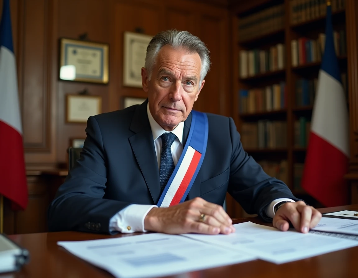 Maire en costume avec écharpe tricolore consultant des documents budgétaires dans son bureau municipal