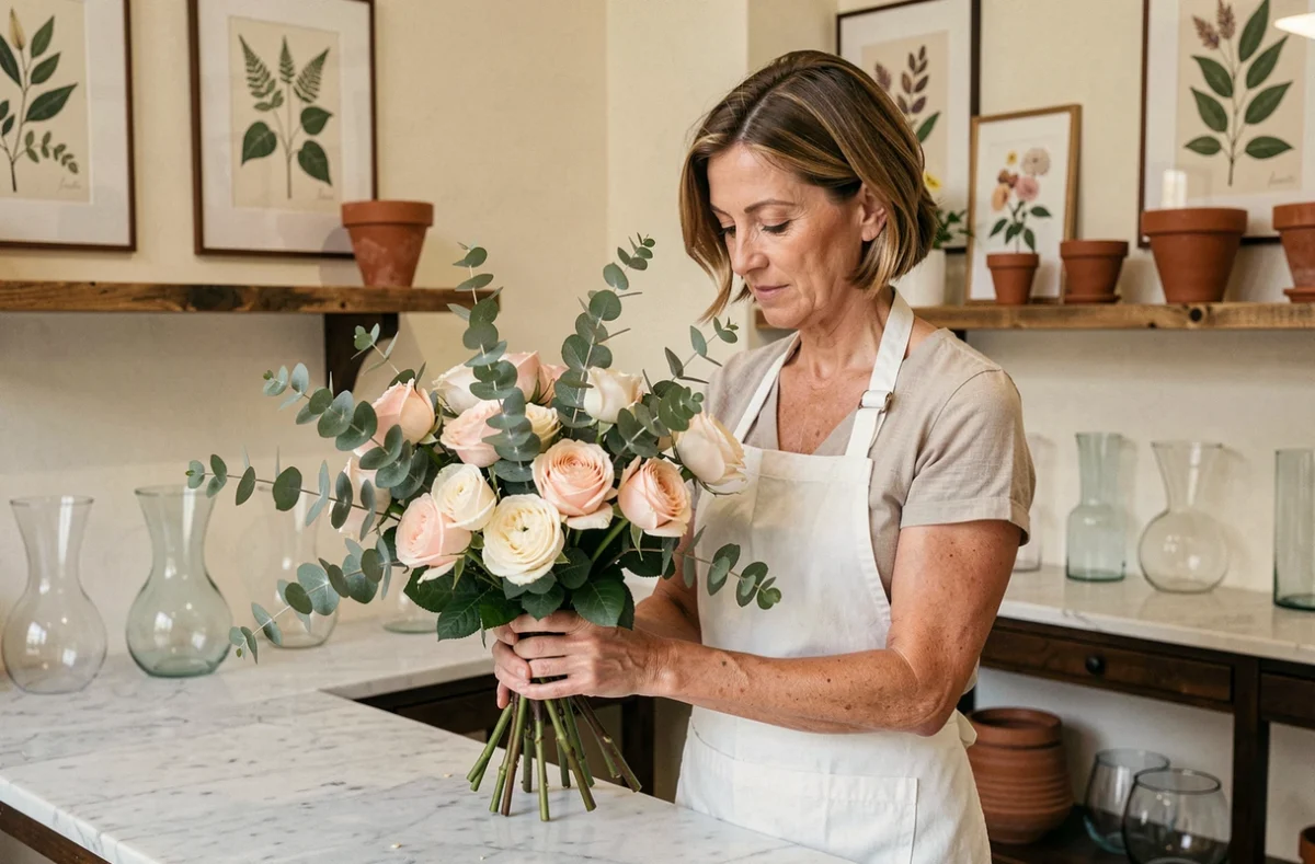 Fleuriste de Maison Célestin composant un bouquet élégant de roses et d'eucalyptus dans une boutique au décor raffiné