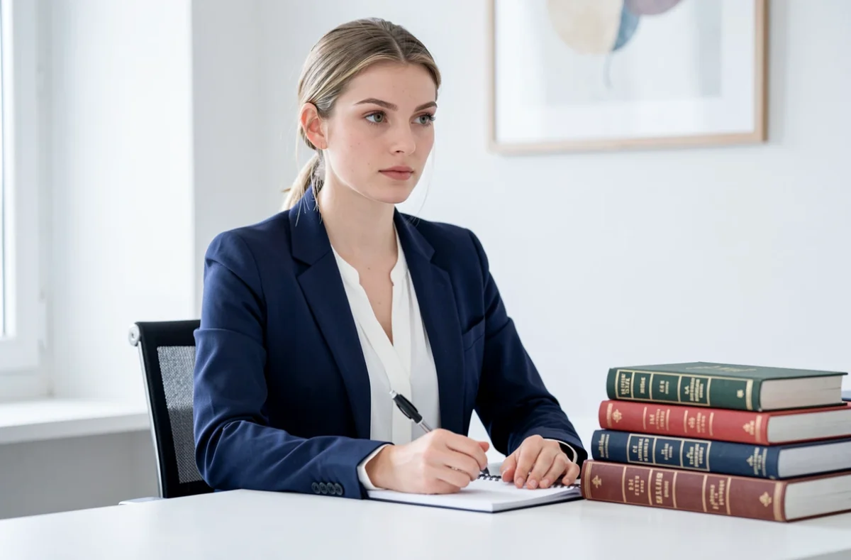 Maître Emma Vignal, jeune avocate en blazer marine à son bureau minimaliste avec des ouvrages juridiques