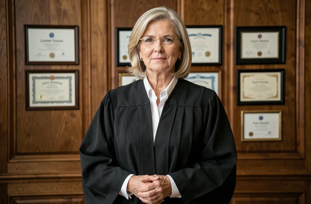 Maître Pierrette Feloux Teran en robe d'avocat noire devant un mur de boiseries et de diplômes encadrés