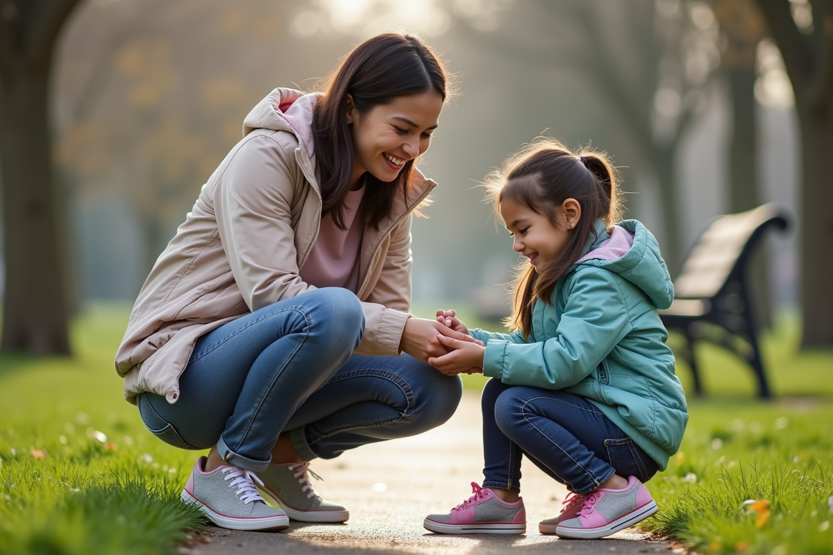 Mère aidant sa fille à lacer ses chaussures dans un parc urbain