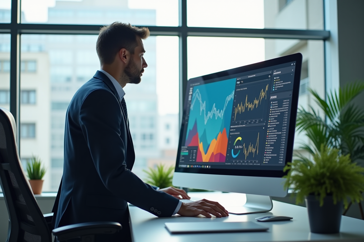 Manager confiant utilisant un ordinateur dans un bureau lumineux
