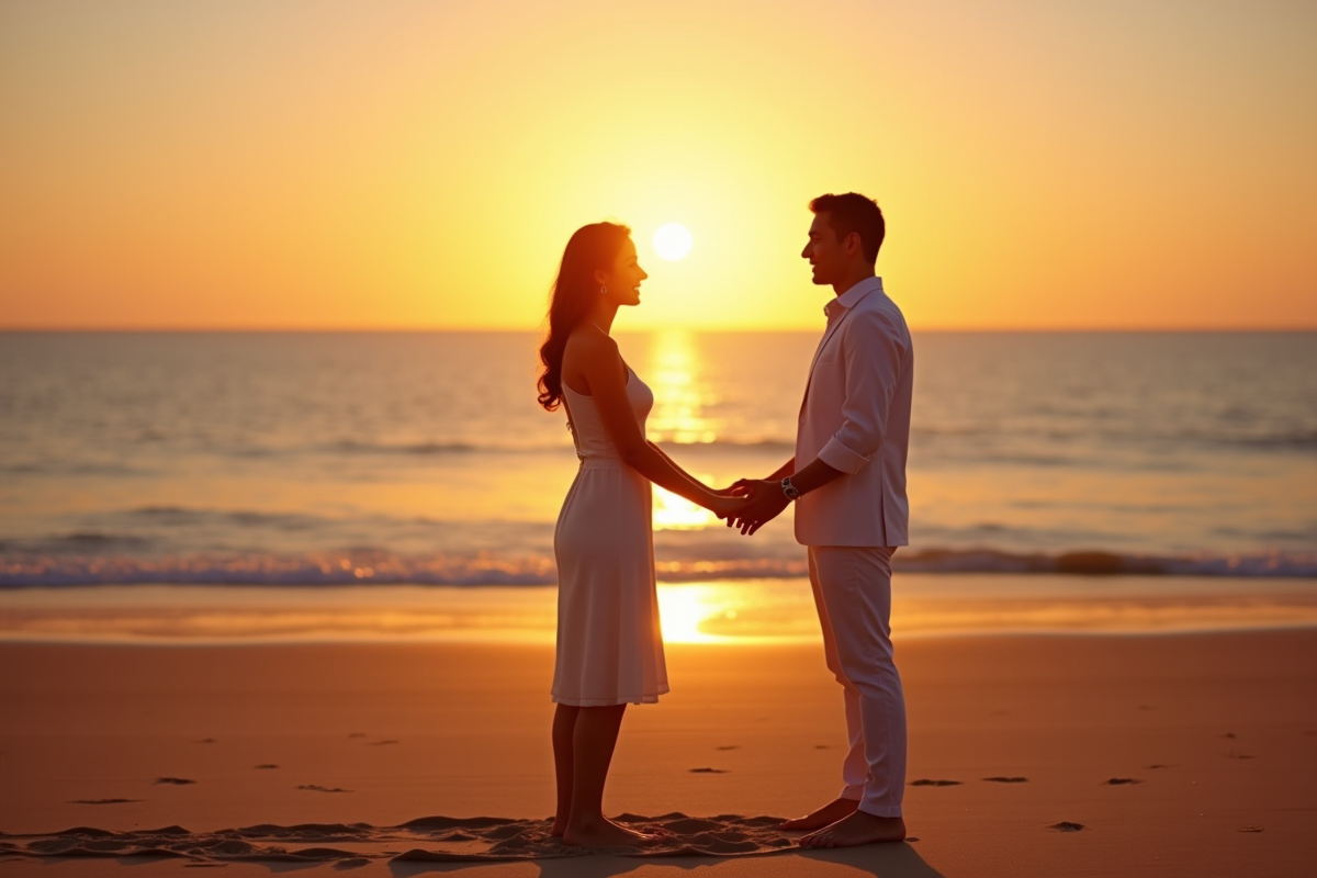 Couple échangeant des anneaux sur la plage au coucher du soleil