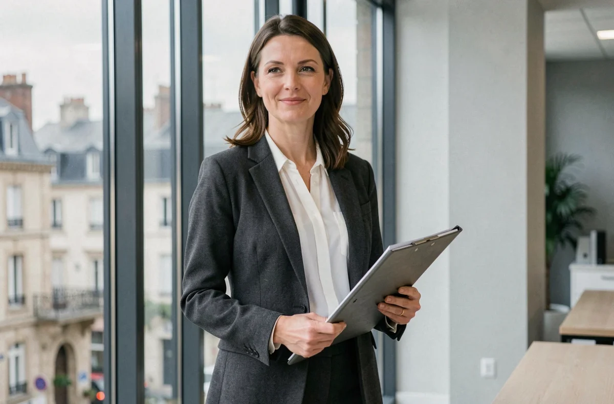 Marion Fournier, avocate et médiatrice, en blazer gris tenant un dossier juridique dans son cabinet