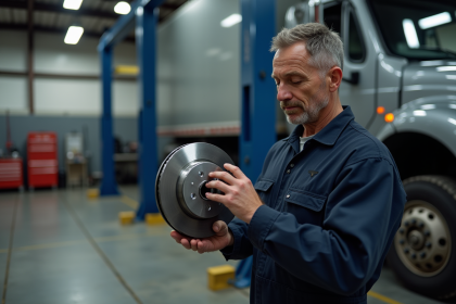 Mécanicien inspectant un grand disque de frein dans un atelier