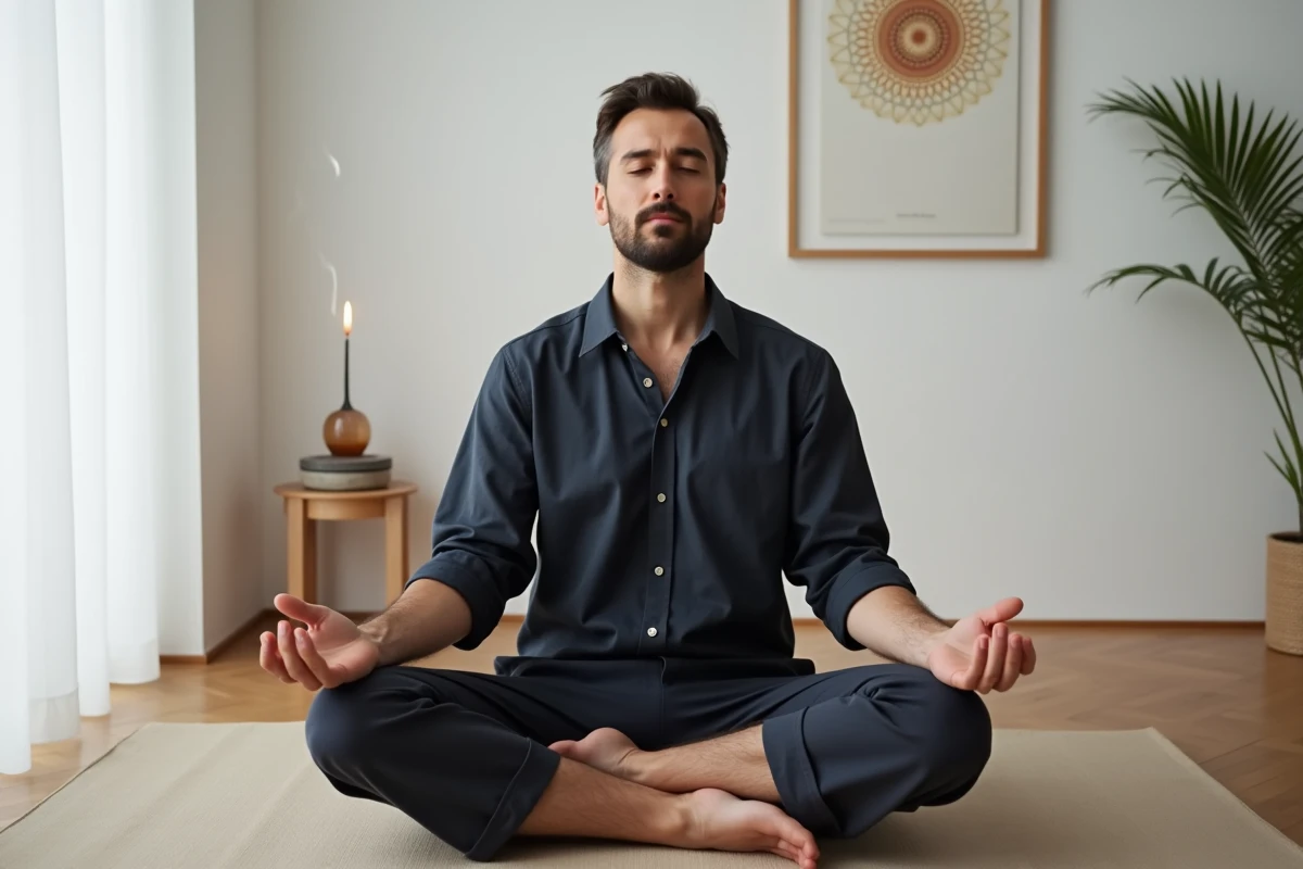 Homme en méditation dans un espace spirituel minimaliste, représentant la connexion aux guides spirituels et aux anges gardiens