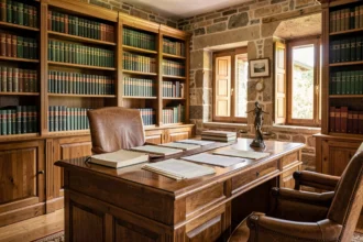 Bureau d'avocat classique dans le Cantal avec bibliothèque juridique, documents et balance de la justice