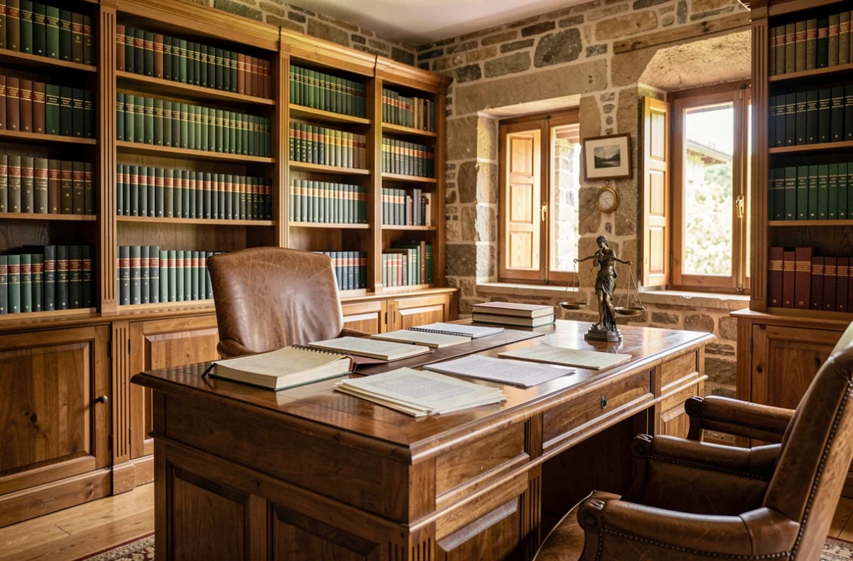 Bureau d'avocat classique dans le Cantal avec bibliothèque juridique, documents et balance de la justice