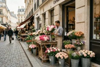 Vue d'ensemble d'une boutique de fleuriste lyonnaise avec des bouquets colorés exposés sur la rue pavée