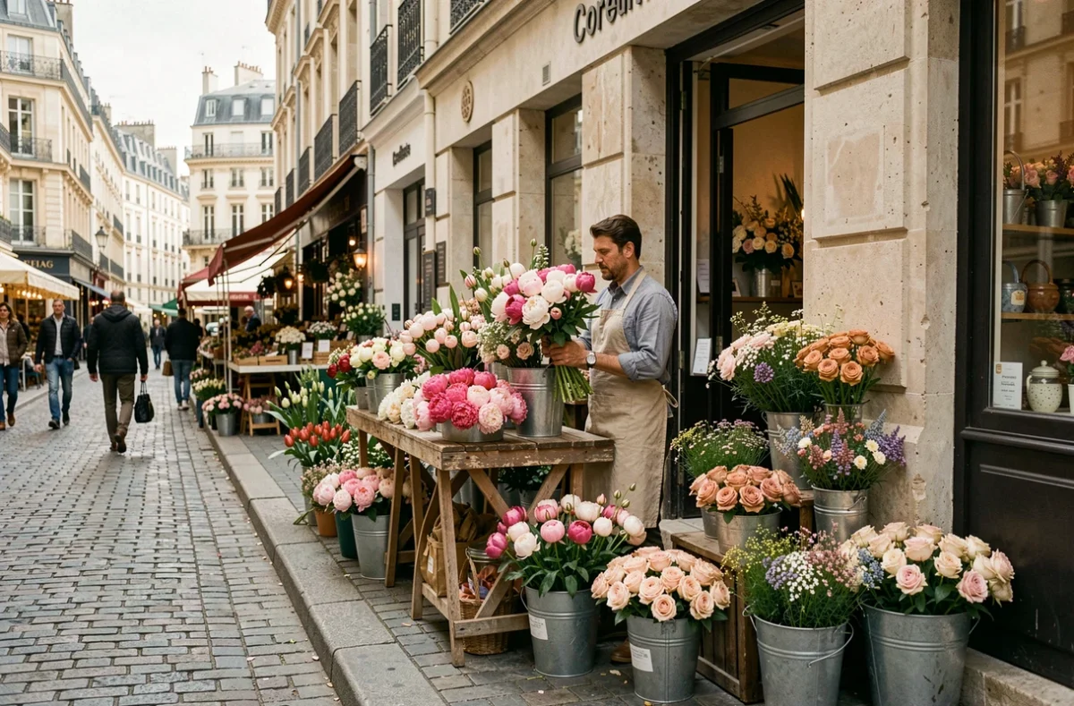 Vue d'ensemble d'une boutique de fleuriste lyonnaise avec des bouquets colorés exposés sur la rue pavée