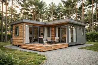 Mobil-home premium français aux lignes architecturales modernes installé dans un cadre naturel verdoyant avec terrasse en bois et grandes baies vitrées
