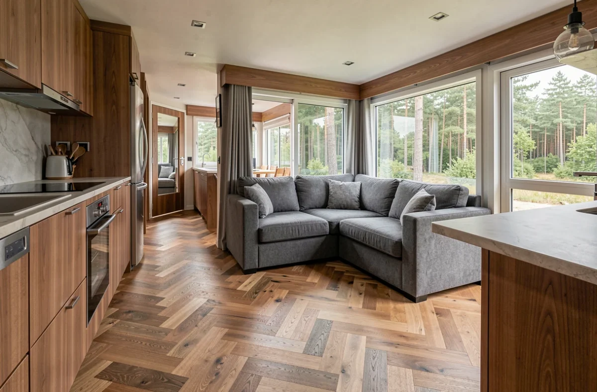 Intérieur spacieux et élégant d'un mobil-home haut de gamme français avec cuisine ouverte, parquet en chevrons et canapé en tissu gris
