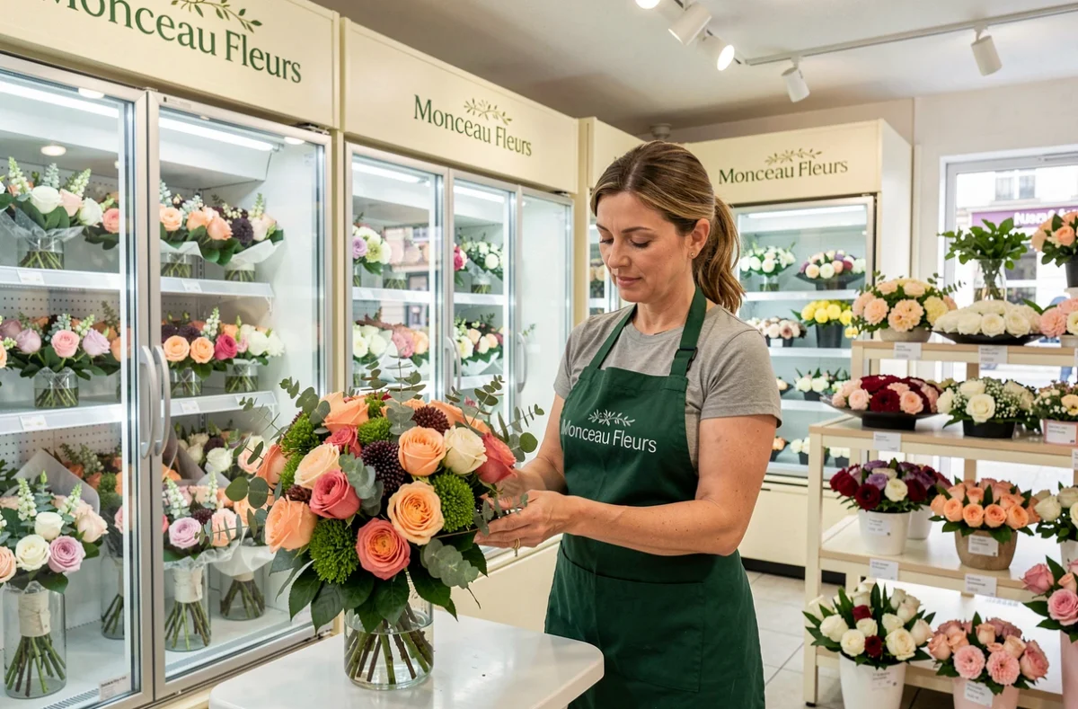 Fleuriste de Monceau Fleurs à Lyon arrangeant un bouquet de roses devant les présentoirs réfrigérés de la franchise