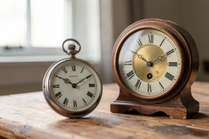 Montre à gousset ancienne posée sur une table en bois