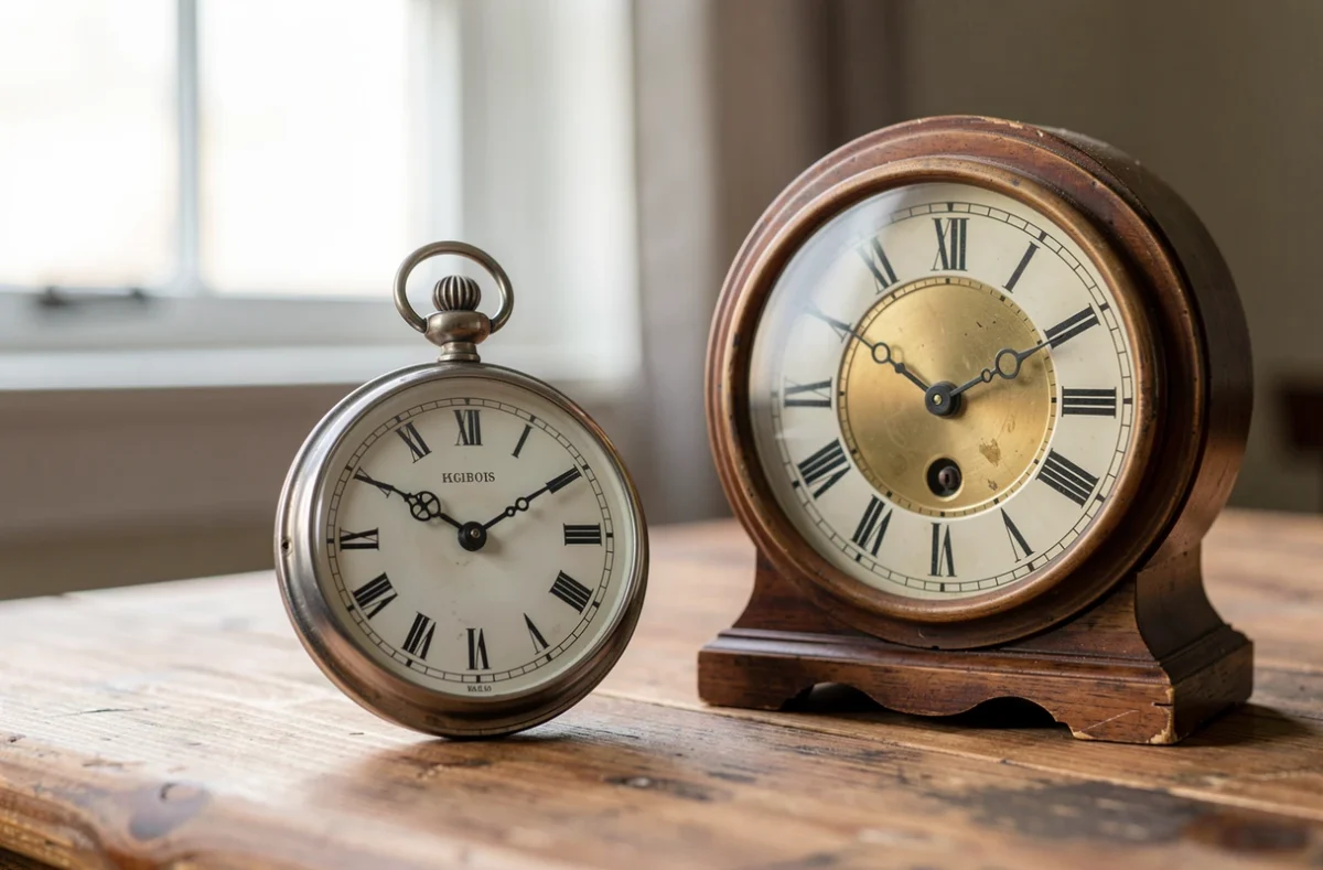 Montre à gousset ancienne posée sur une table en bois