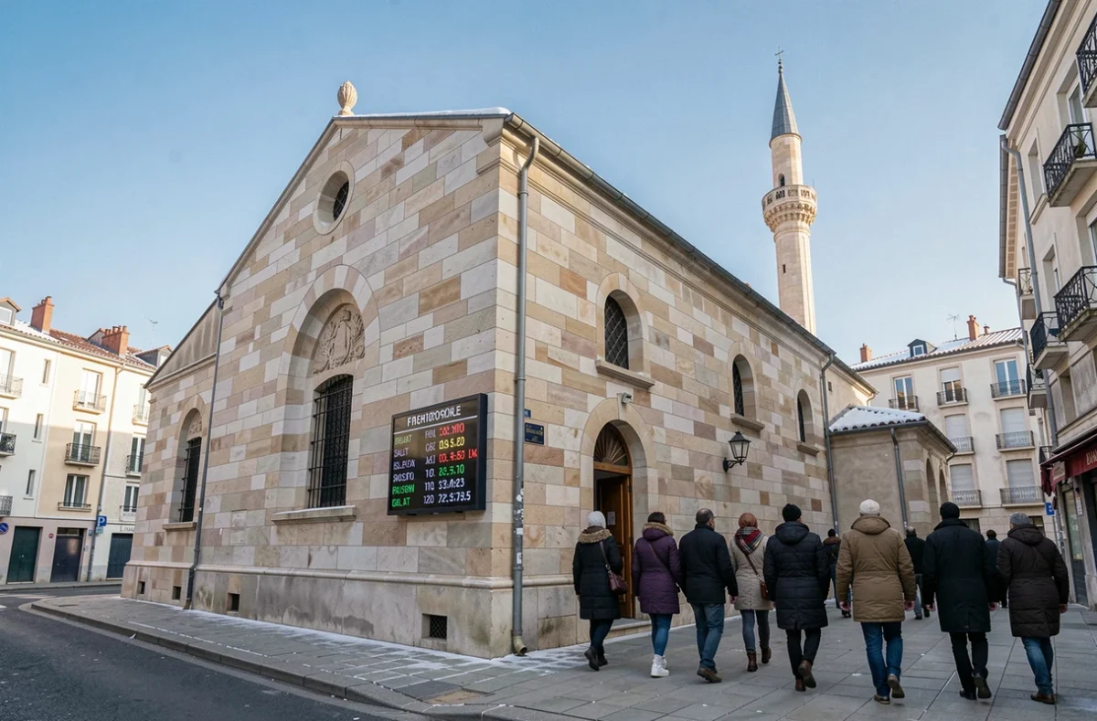 Mosquée de Toulouse avec tableau des horaires de prière affiché à l'entrée et fidèles arrivant pour la prière