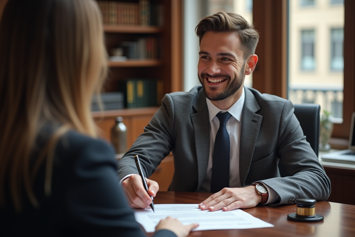 Notaire remettant un contrat signé à un client souriant