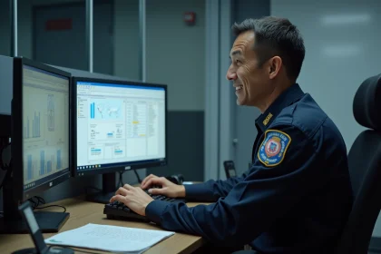 Officier pompier en uniforme utilisant un logiciel Iris SDIS 02