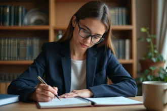Femme écrivant des montants en lettres dans un carnet avec un stylo plume, illustrant la règle orthographique des nombres