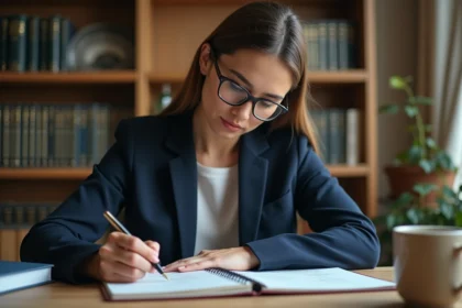Femme écrivant des montants en lettres dans un carnet avec un stylo plume, illustrant la règle orthographique des nombres