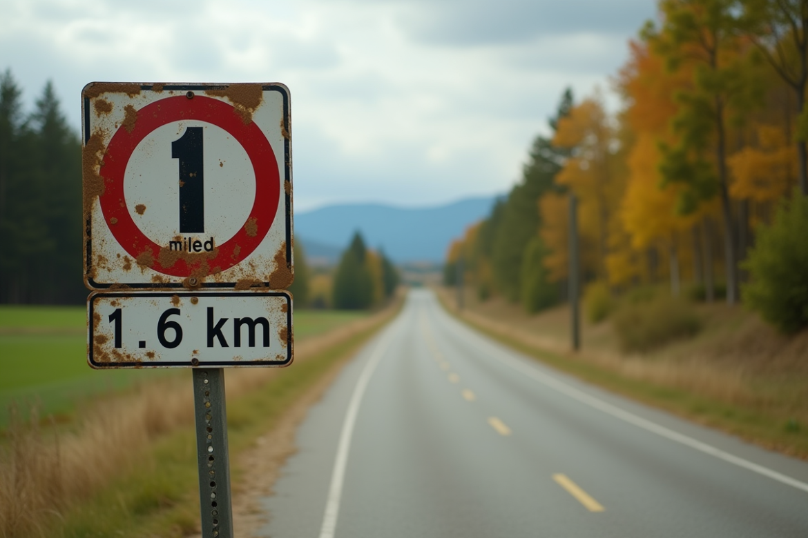 Panneau routier ancien indiquant 1 mile et 1 6 km en plein jour