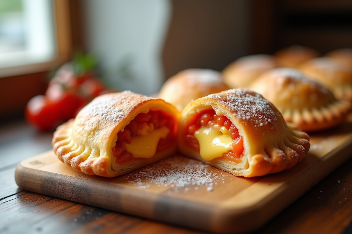 Panzerotti frais coupé avec fromage fondu et sauce tomate