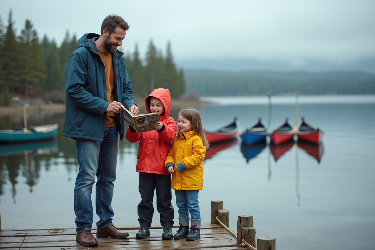 Père et fille en imperméables regardant un guide au bord du lac