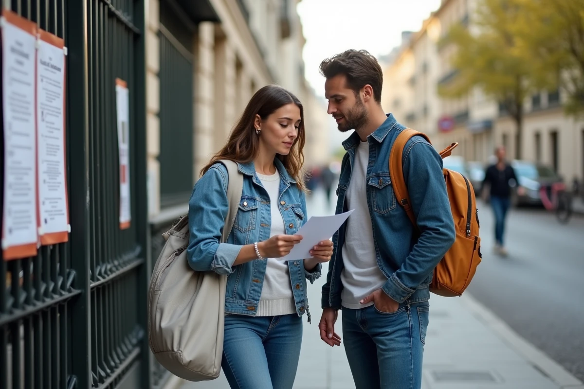 Parents lisant un avis de grève affiché sur le portail d'une école primaire
