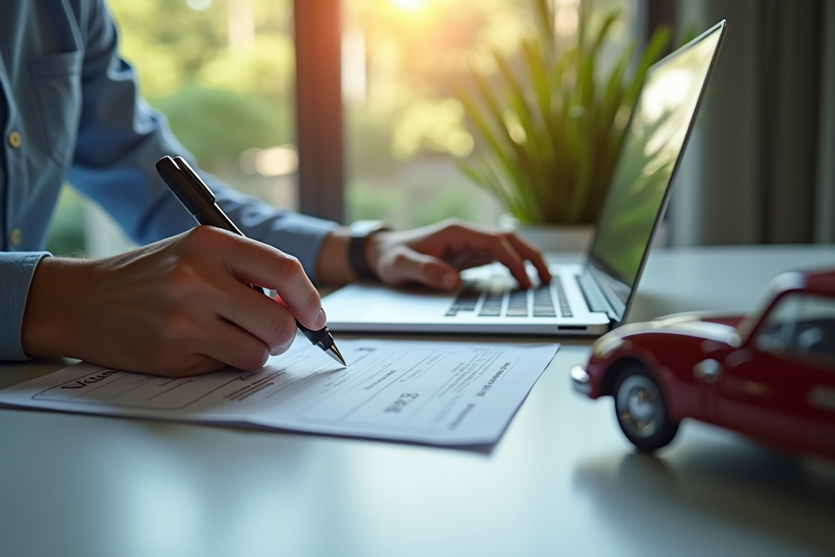 Personne utilisant un ordinateur pour remplir un formulaire d'immatriculation de voiture