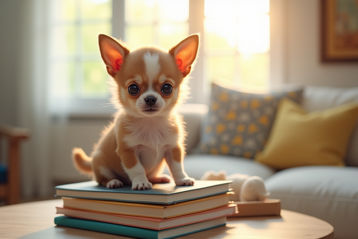 Chihuahua petit aux yeux expressifs sur des livres colorés
