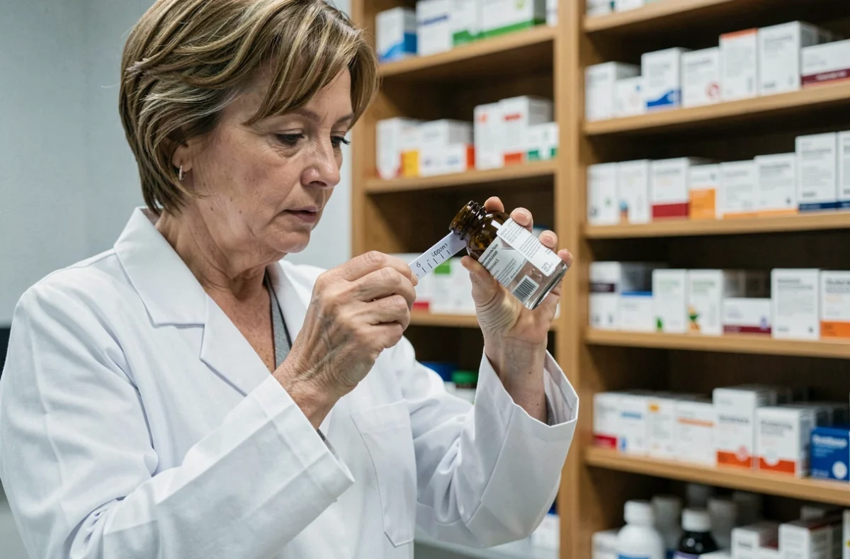Pharmacienne mesurant avec précision un dosage de médicament liquide en millilitres dans un verre gradué