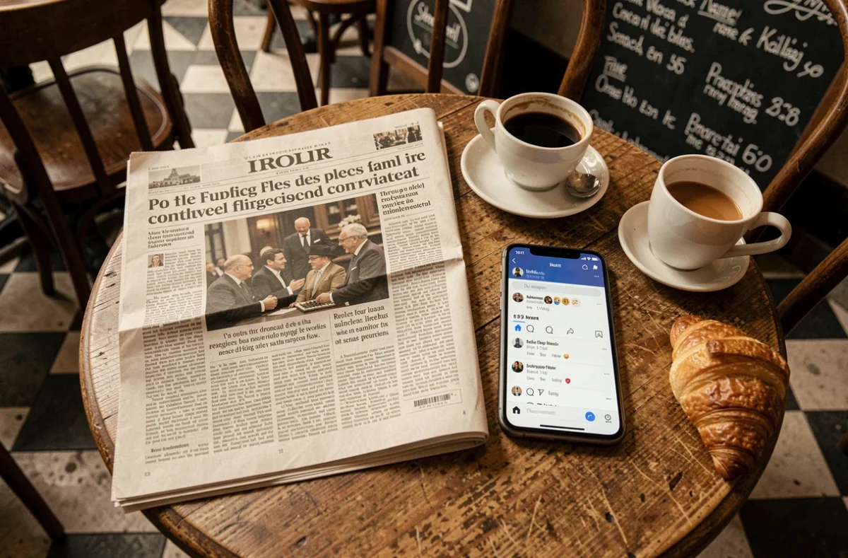 Journal papier et smartphone posés sur une table de café parisien, illustrant la polémique médiatique autour de la religion d'une personnalité publique et le débat sur les réseaux sociaux